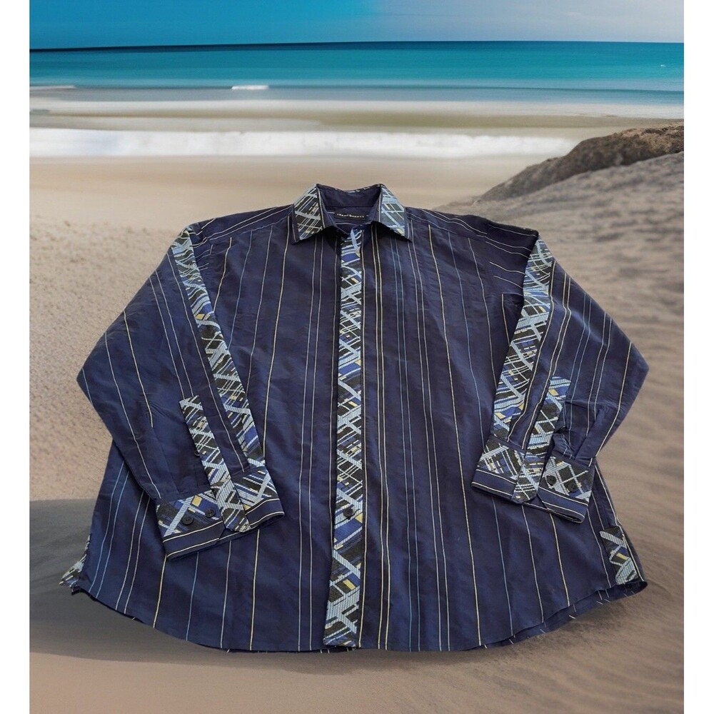 Jhane Barnes Ghost Print Stripe Geometric Accent Shirt Button-Up LS Mens XL